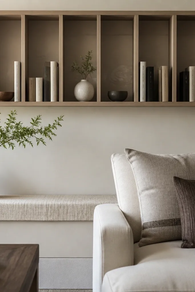 A sofa back wall with a narrow built-in-looking shelf unit. Several vertical compartments hold books standing upright and a few small decor items. Below, a small bench or ledge has a folded fabric runner in cream.