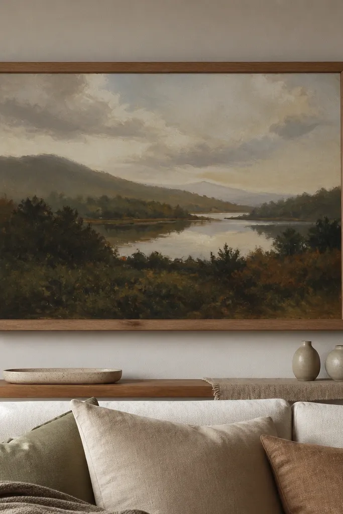A large landscape painting in a thick warm oak frame centered above the sofa back. Below it, a shallow warm wood ledge holds a small ceramic tray, two short bud vases, and a folded linen runner. The wall color is soft greige, and the frames have a matte finish.