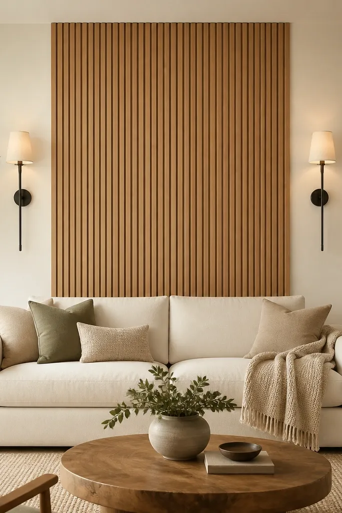 A full-height vertical wood slat panel centered behind the sofa, light-to-medium oak tone. Two black metal wall sconces sit symmetrically on either side of the slat panel, each with a small warm shade. The sofa is a cream fabric, and the wall is painted a soft warm white.