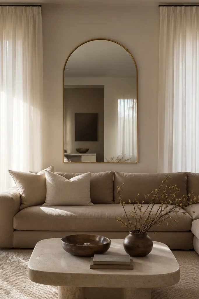 Long floor-to-ceiling sheer curtains in warm white hang on a black ceiling track behind the sofa. Centered on the wall is a large arched mirror with a thin brass frame. The sofa is taupe, and the curtains puddle slightly at the floor.