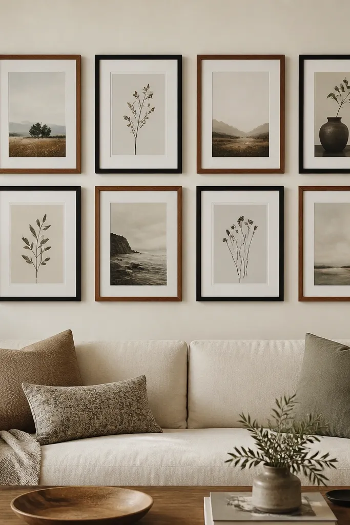 Eight frames arranged in a clean 4x2 grid above the sofa. Frames alternate between warm walnut and matte black, each holding art with muted tones. The spacing between frames is even, and the wall is painted a pale oatmeal color.