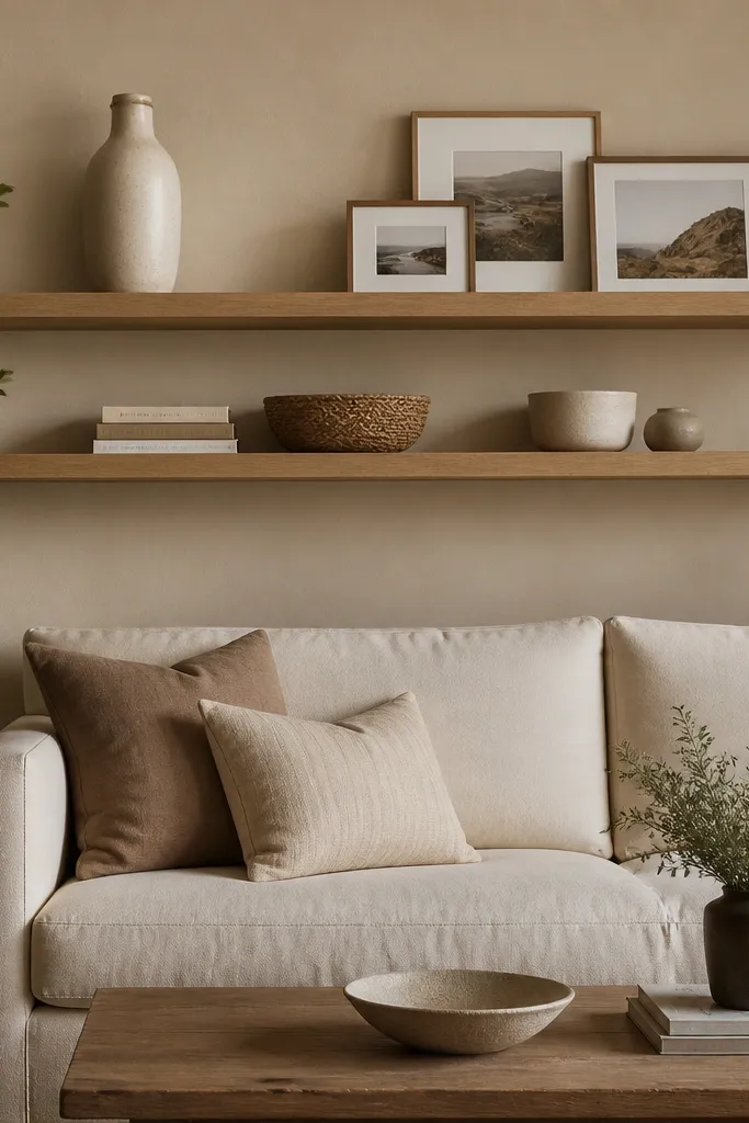 Two long floating shelves stacked above the sofa back. The top shelf holds a tall off-white ceramic vase and a few small framed photos; the lower shelf holds stacked books, a woven basket, and a couple of short ceramics. The shelves are light oak, and the wall is a soft clay beige.