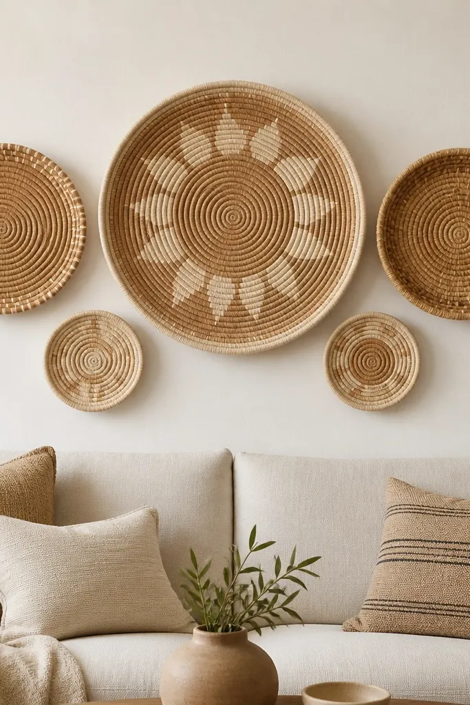 A cluster of woven wall baskets arranged above the sofa: one large basket centered, two medium baskets flanking it, and two small baskets at the bottom corners. Colors are natural tan, honey, and cream. The wall paint is warm white, and the baskets have visible weave texture.