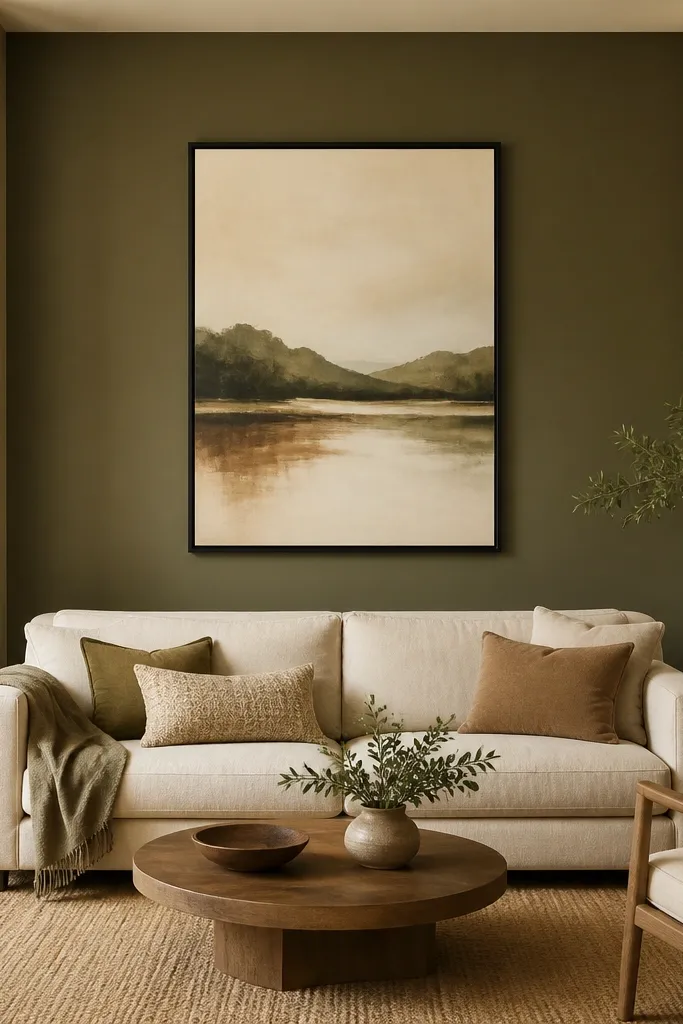A sofa sits against a deep warm olive accent wall. Behind it, a single large print in a black frame hangs centered. The rest of the room is in light cream walls, and the print has warm neutrals and muted green tones.