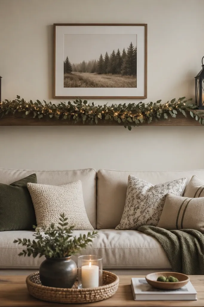 A long mantel shelf spans the sofa width with two small black lanterns on either side. Between them hangs a simple faux greenery garland with tiny warm white lights. A framed photo sits centered on the wall above the shelf.