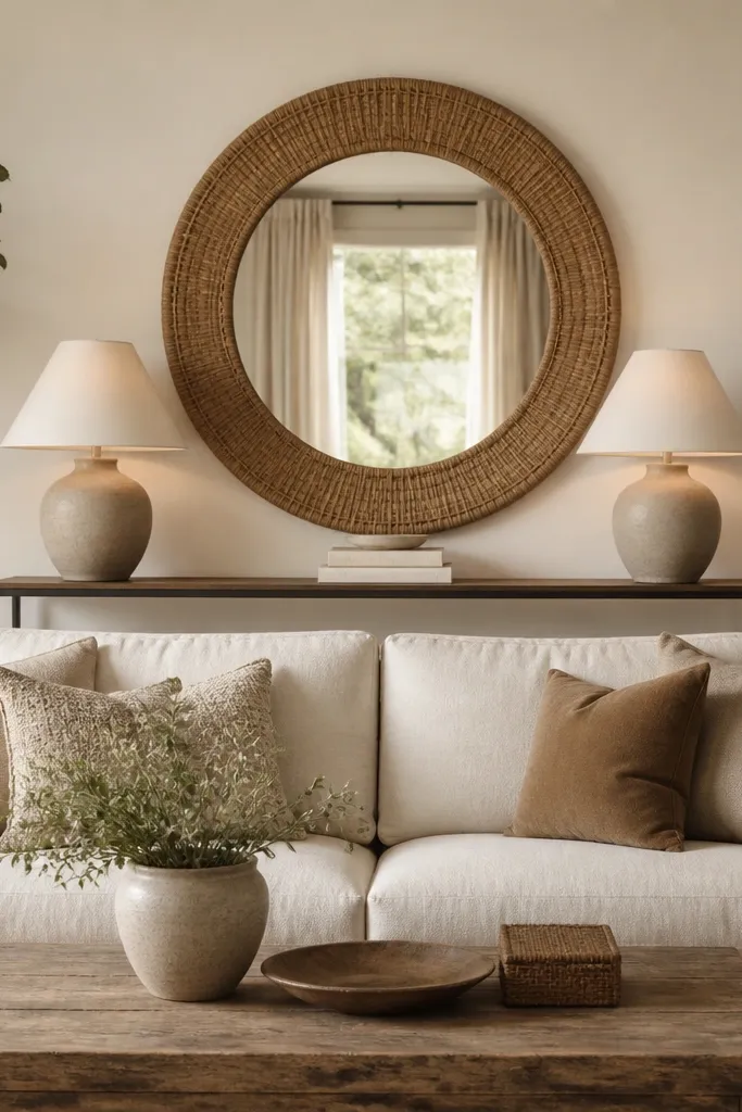 A large round mirror with a thick rattan frame hangs centered behind the sofa. On a slim console table, there are two matching table lamps with cream shades, one on each side of a small stack of books. The wall paint is warm white.