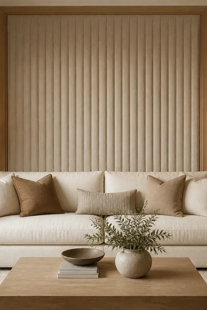 A centered fabric panel behind the sofa made of vertical pinch pleats in oatmeal linen-look fabric. The panel is framed with simple trim in white oak. The sofa is cream, and the wall lighting is warm with a small sconce on the side.