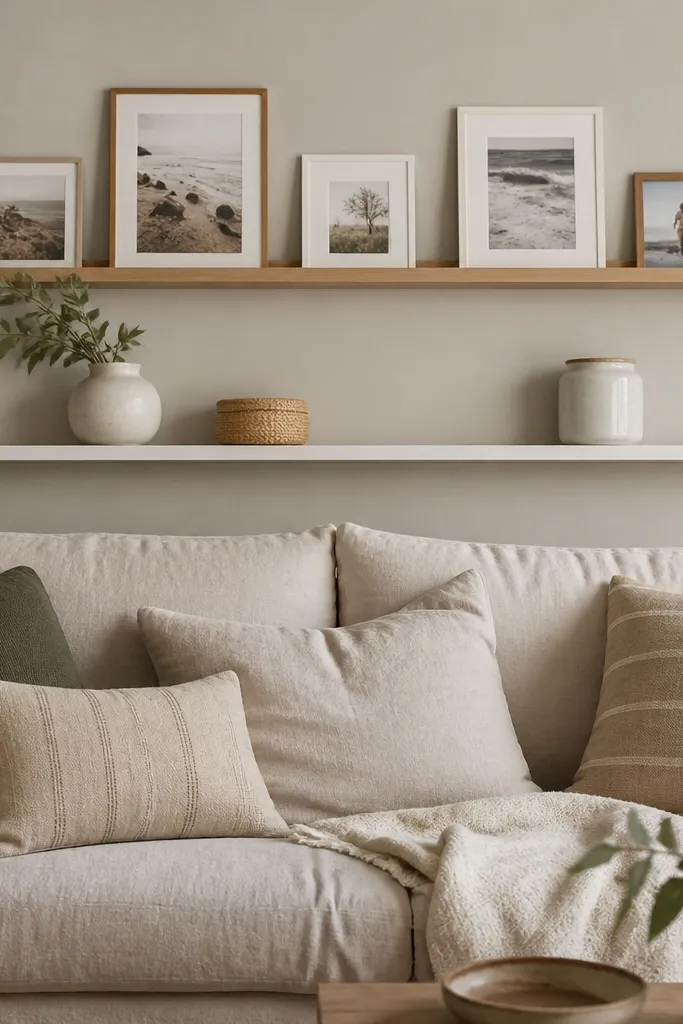 Two narrow picture ledges stacked behind the sofa, one in light oak and one in white-painted wood. Small framed photos sit along the top ledge, and the lower ledge holds a couple of ceramic vases and a woven coaster basket. The wall is a soft warm gray.