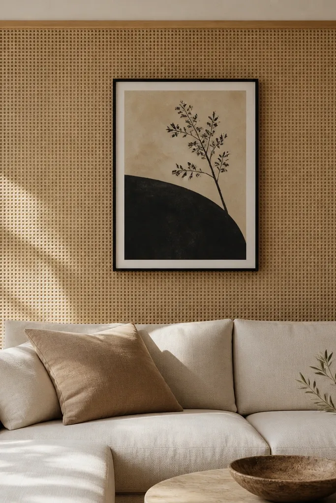 A cane/rattan panel paneling section behind the sofa, shaped like a rectangle. Centered on the panel is a medium art print in a thin black frame. The rattan has a natural honey tone, and the sofa is a light beige fabric.