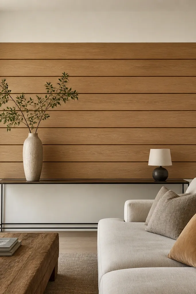 Horizontal wood slats spanning behind the sofa, wider boards in medium oak tone. The wall around the slats is painted a soft warm white. A single slim console sits below with a long ceramic vase and a small lamp.