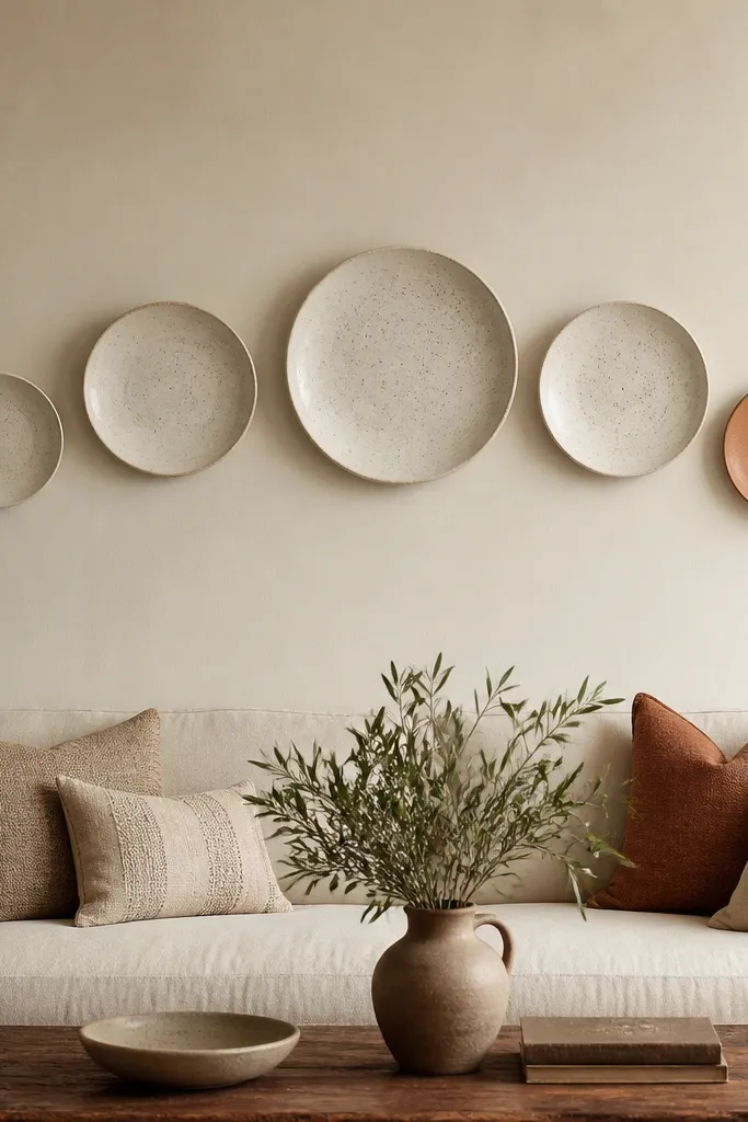 A set of large ceramic plates mounted on the wall in a gentle arc above the sofa. Colors are off-white with subtle speckling and one plate in muted terracotta. The plates are spaced evenly, with the largest plate centered.