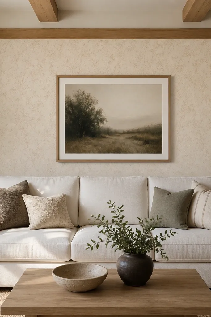 A wallpaper rectangle behind the sofa in a warm cream background with tiny subtle botanical pattern. The wallpaper is framed by painted trim in white oak. A medium neutral art print in a natural wood frame hangs centered on the wallpaper.