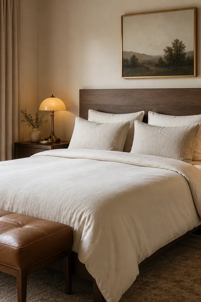 A bedroom corner with a walnut headboard, an ivory duvet, and two layers of pillows. On each nightstand there is a warm amber lamp with an antique brass base. The window has floor-length lined curtains in oatmeal, and a small bench at the foot is upholstered in caramel leather-look.