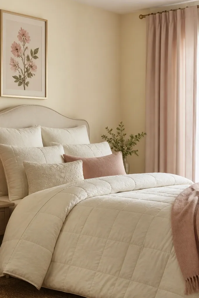 A bed dressed in cream bedding with a quilted duvet and a rose-pink throw folded at the side. The walls look like buttermilk yellow, and the window treatment is sheer white layered under blush-lined curtains. There are two blush candles on a nightstand and a framed botanical print in muted rose and green.