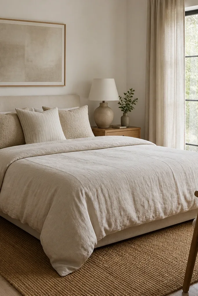 A bed with an oat linen duvet cover, two textured oatmeal pillows, and a third pillow in a slightly lighter linen stripe. The nightstands are light oak, and there's a woven jute runner on the floor. The window has full-length oatmeal linen curtains with a relaxed fold, and a throw blanket hangs over a chair.