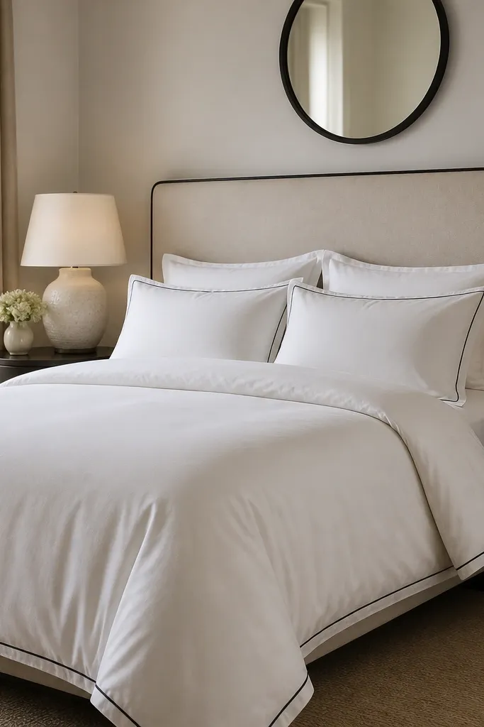 A warm white bed with a duvet cover that has subtle charcoal piping along the edges. The headboard is upholstered in light beige with charcoal trim. A small round mirror with a dark frame hangs above, and the bedside lamps have linen shades in warm white.