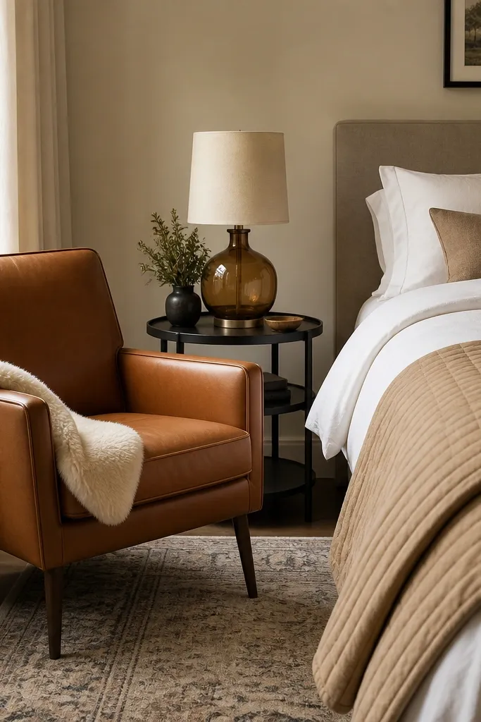 A bedroom corner with a caramel leather accent chair angled toward the bed. A cream faux-shearling throw is draped over the chair arm. There's a small side table with a warm amber lamp, and the bed has white bedding with a tan quilt folded at the foot.
