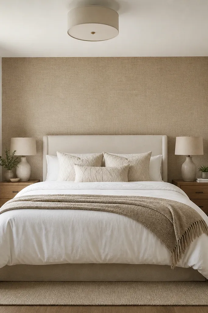 A full bed view where only the wall behind the headboard has a warm textured wallpaper in sand tone. The bed has a white duvet, a taupe throw, and pillows with subtle geometric stitching. The rest of the room walls are plain warm white, and the lamps have beige fabric shades.