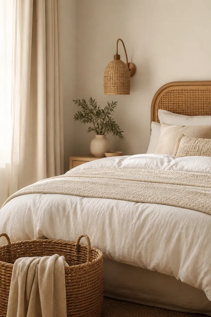 A warm white bedroom with a rattan bed or rattan headboard panel, layered cream bedding, and a woven rattan pendant or wall sconce. There's a small basket at the foot of the bed in natural tan, and the window has sheer curtains with a cream blackout liner.