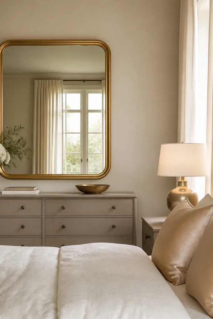 A bedroom wall with a large brass-framed mirror above a dresser. The bed has champagne-gold satin pillow accents and a cream duvet. A lamp with a champagne gold base sits on a nightstand, and the curtains are floor-length in warm white with a light sheen.