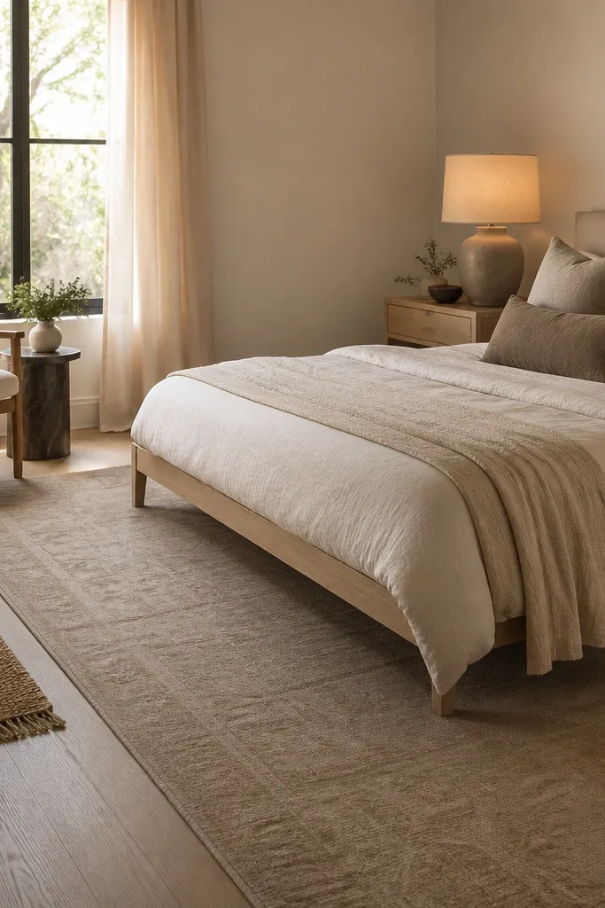 A bedroom with a large soft taupe area rug that peeks from under the bed. The rug has a low pile and a subtle pattern in warm beige. The bed base is light wood, and the nightstand lamp has a warm beige shade. There's a second small runner in jute near a chair.
