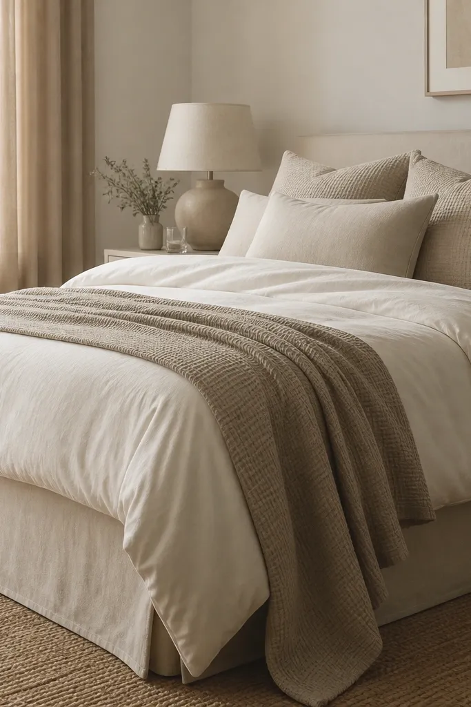 A bed with a warm white duvet and a fitted bedskirt that falls neatly to the floor. A waffle linen throw in oat sits across the foot and drapes onto the side. The pillows are layered with a textured sham and a smooth sham, and the bedside lamp has a linen shade.