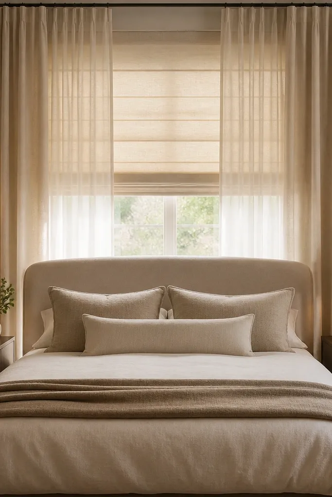 A bedroom window with a warm cream roman shade pulled down behind sheer curtains. The outer curtains are floor-length oatmeal with a soft wave fold. The bed is centered in front of the window, and the lamps have warm beige fabric shades.