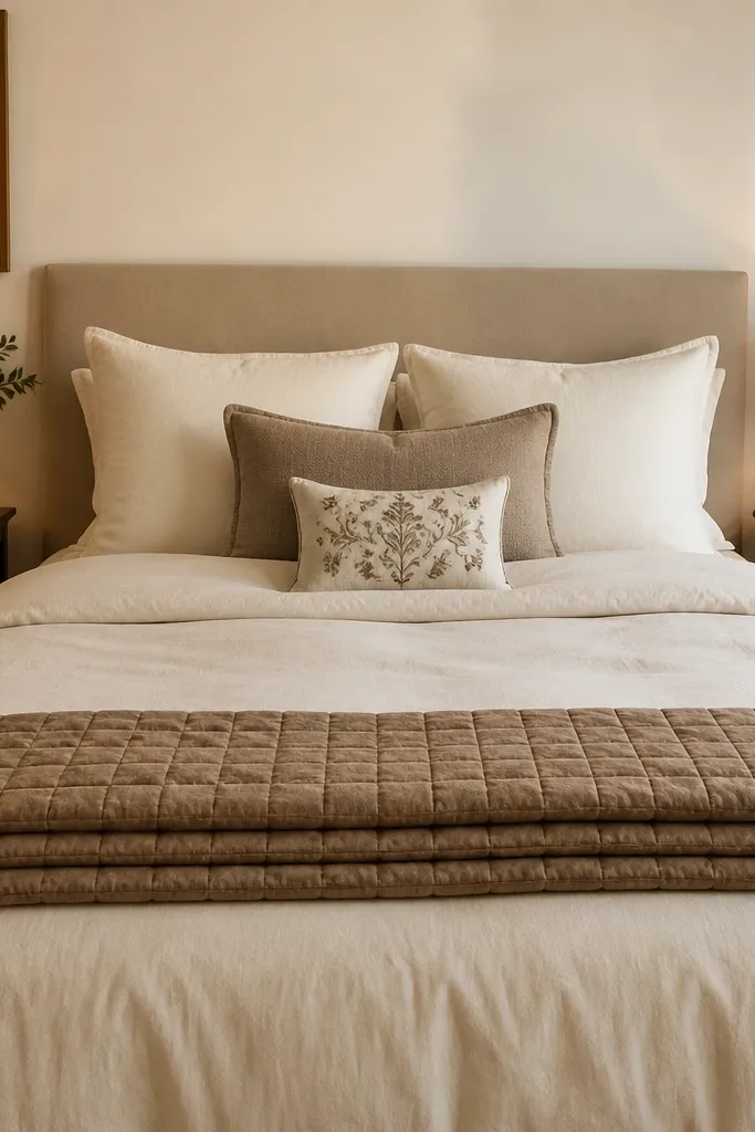 A bed with a cream duvet and a layered pillow stack: two cream pillows, one taupe pillow, and one small embroidered accent pillow. At the foot, there's a folded mocha quilt with visible stitching. The wall is warm white, and the nightstands are dark wood with warm amber lamps.