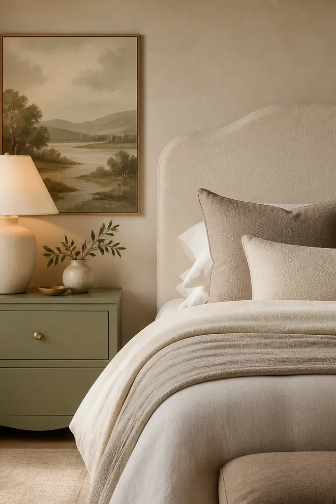 A warm beige bedroom with a cream bed and taupe pillows. One nightstand is a small sage green table with a brass handle. The lamp has a warm white shade, and the wall art is a muted landscape print in sage, beige, and cream.