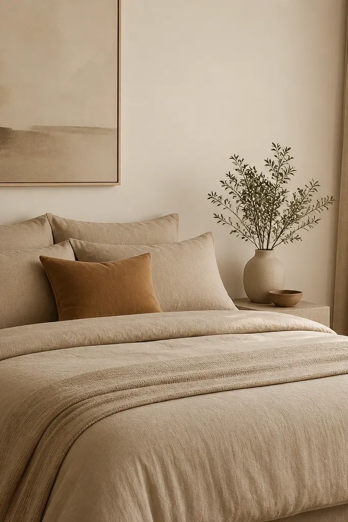 A monochrome warm sand bedroom: sand-toned duvet, sand pillow shams, and a matching bed runner. One accent pillow is different - it's a small square in camel velvet. The walls are warm white, and the curtains are sand linen. A single large art print in neutral tones hangs above the bed.