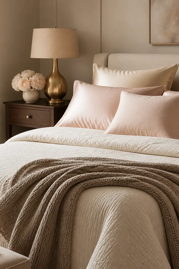 A bed with a cotton quilt in warm cream as the base layer. Over it, there are satin-sheen pillow covers in champagne and soft blush. The throw is a matte knit in oatmeal. The nightstand lamp has a warm gold base and a beige fabric shade.