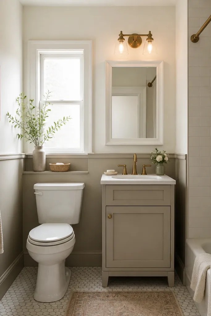 A small full bathroom with a simple chair-rail stripe: the bottom half is a warm greige, the top half is a creamy off-white. A white framed mirror sits above a narrow vanity, and a matte brass light fixture glows warmly.