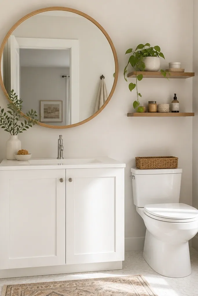 A cozy small full bathroom corner with a round mirror that's larger than the sink width. The mirror has a light oak wood frame, and the vanity is simple white with a single chrome faucet.