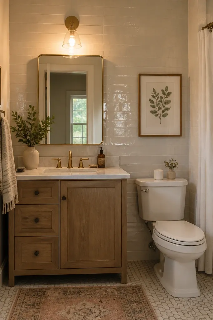 A small full bathroom with a single vanity light above the mirror using warm bulbs. The wall behind the mirror has a subtle glossy tile or polished paint sheen, creating gentle light bounce.