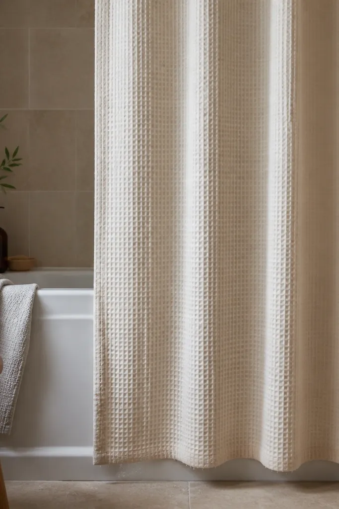 A tub/shower in a small bathroom with a cream waffle-weave shower curtain. The fabric has visible texture, and water beads lightly along the bottom hem.