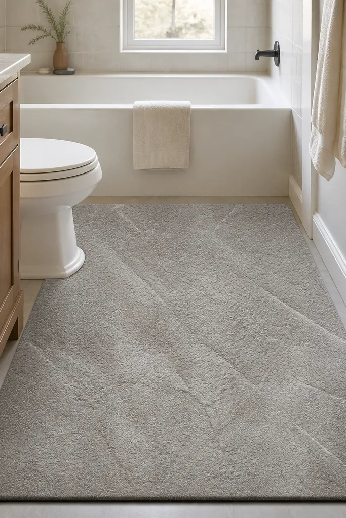 A small full bathroom floor covered by a stone-look bath mat in warm gray. The mat has a low profile, textured surface, and a dark non-slip backing at the edges.