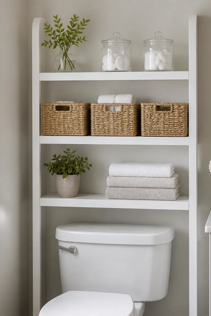 An over-the-toilet shelf in a small bathroom, painted white with three narrow shelves. Woven baskets sit on the middle shelf, and small jars hold cotton pads on top.