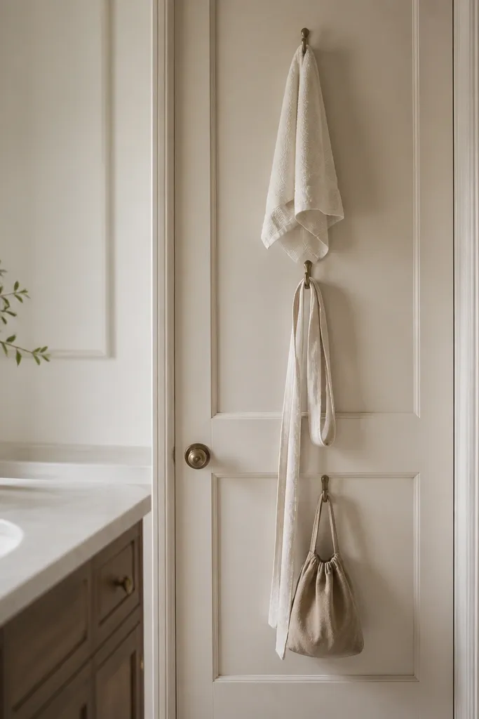 A bathroom door with three rows of hooks. A light terry hand towel hangs on the top hook, a robe belt hangs on a mid hook, and a small bag hangs lower.