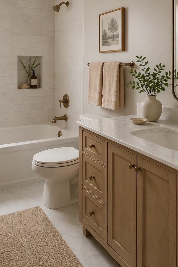 A small full bathroom with a matching warm oatmeal bath mat and two hand towels in the same color family. The towels look plush and neatly folded over a towel bar.