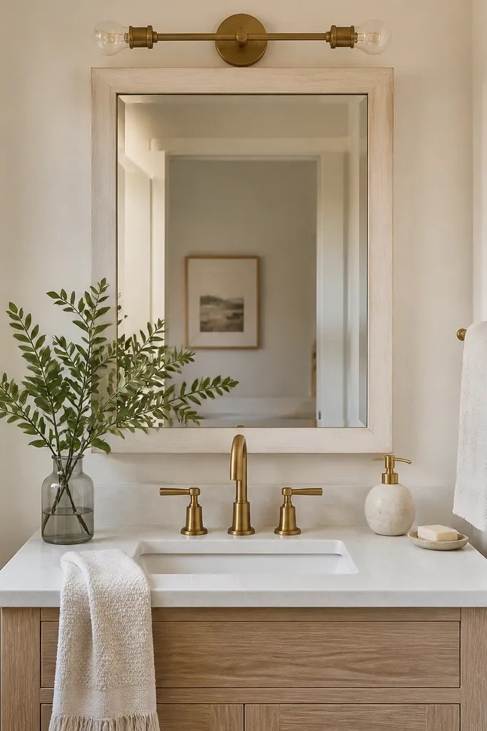 A small bathroom vanity with a brushed brass faucet and matching towel bar. The mirror frame is white or light wood, and the lighting fixture has the same metal finish.