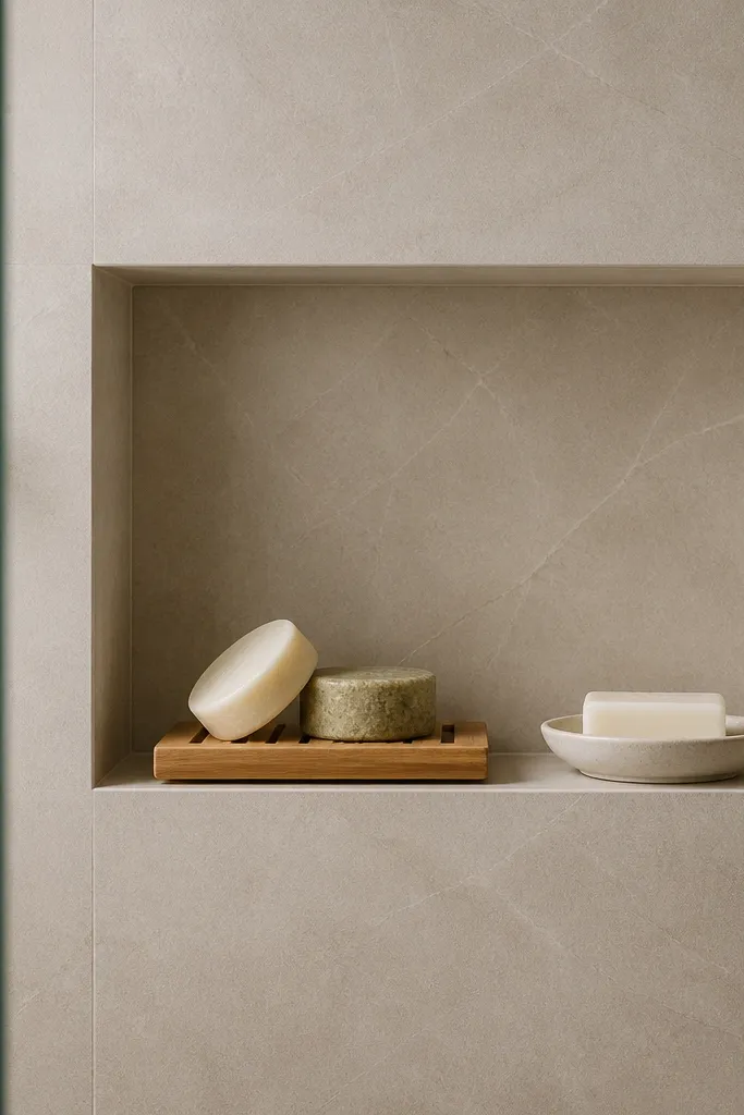 A small recessed wall niche inside the shower area holding a couple of shampoo bars, a wooden tray, and a minimal soap dish. The niche is tidy and evenly spaced.