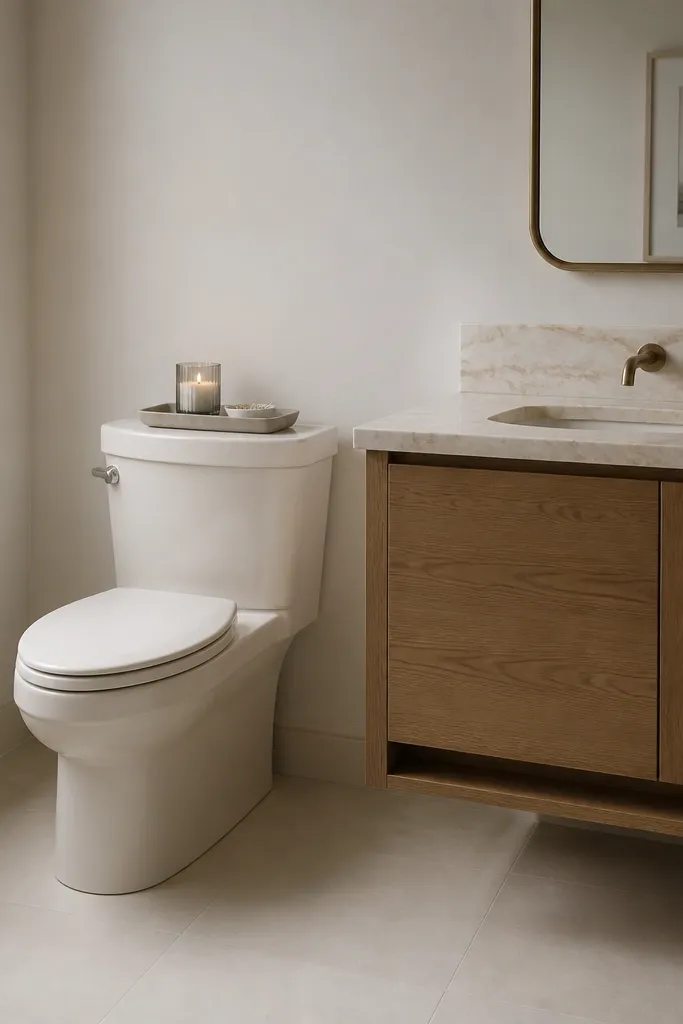 A small tray on top of the toilet tank holding a single candle-style diffuser and a small tray for matches. The rest of the counter and floor stays empty.