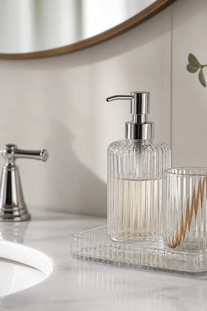 A bathroom sink with a single clear glass pump soap dispenser, a matching toothbrush cup in clear glass, and one small tray under them.