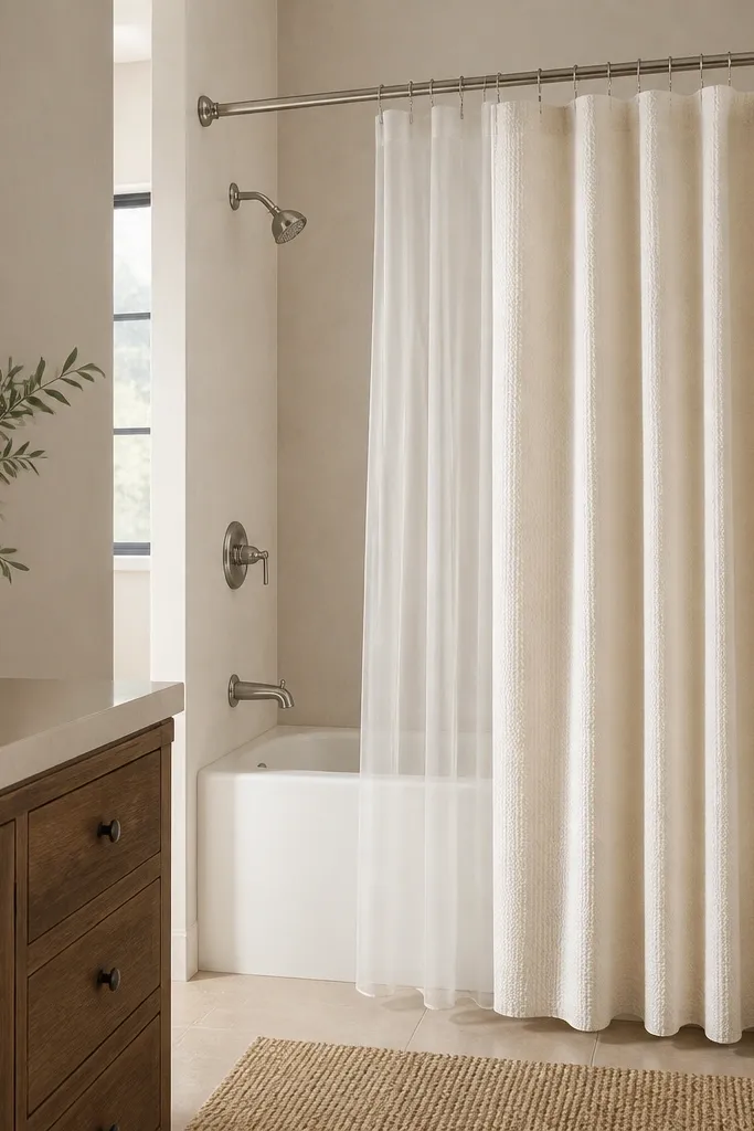 A tub/shower with a proper rod and two layers: a sheer inner liner and a textured outer shower curtain in warm white. The fabric hangs with gentle folds.