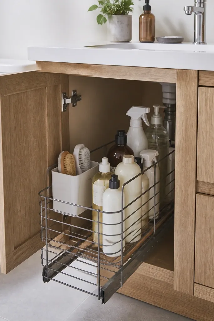 Under-sink area in a small full bathroom with a slim pull-out wire basket. Bottles are upright, and a small organizer keeps cleaners in one corner.