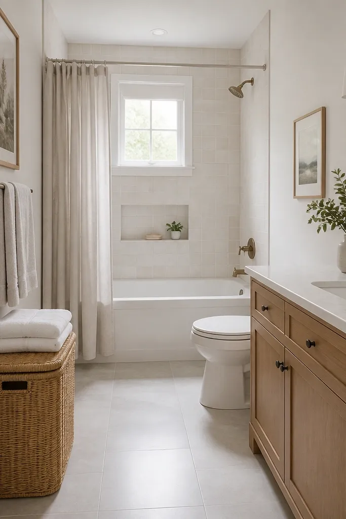 A small full bathroom with a light rattan hamper near the door. The hamper has a lid, and folded towels sit on top while the floor stays clear.
