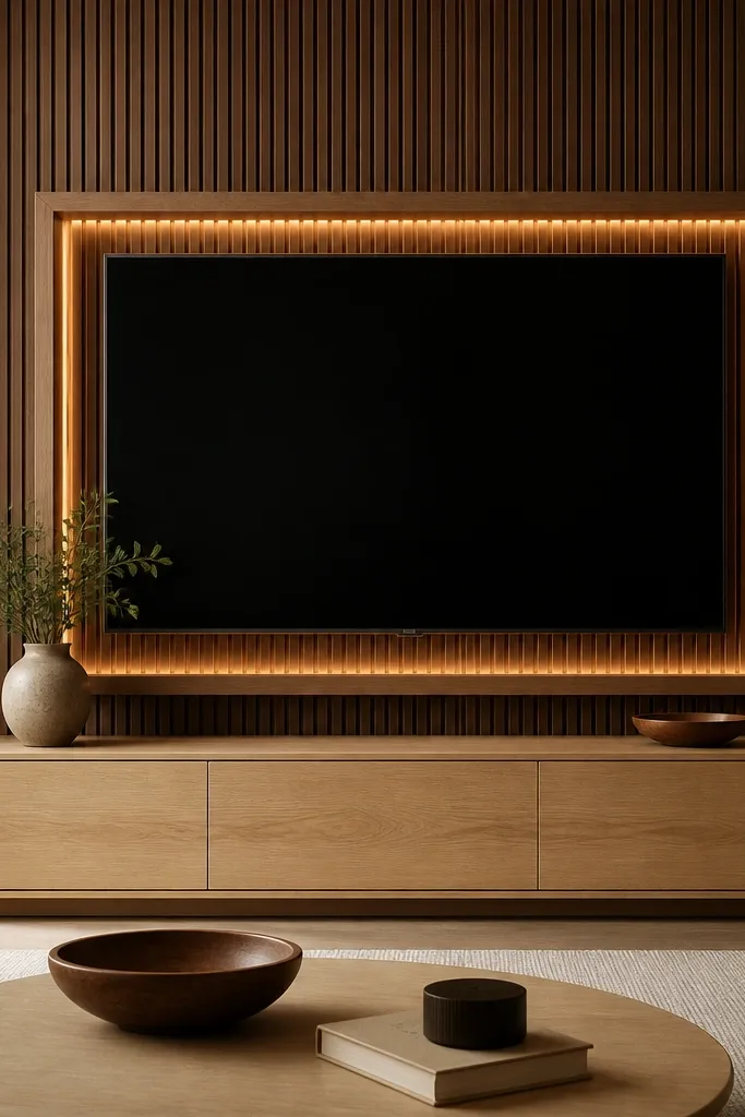 A warm walnut wood slat wall behind a flat-screen TV. The TV sits inside a slim, floating rectangular frame in the same walnut tone. Below the TV, there's a low media console in light oak with rounded edges. Warm LED strip lighting glows along the inner edge of the frame.