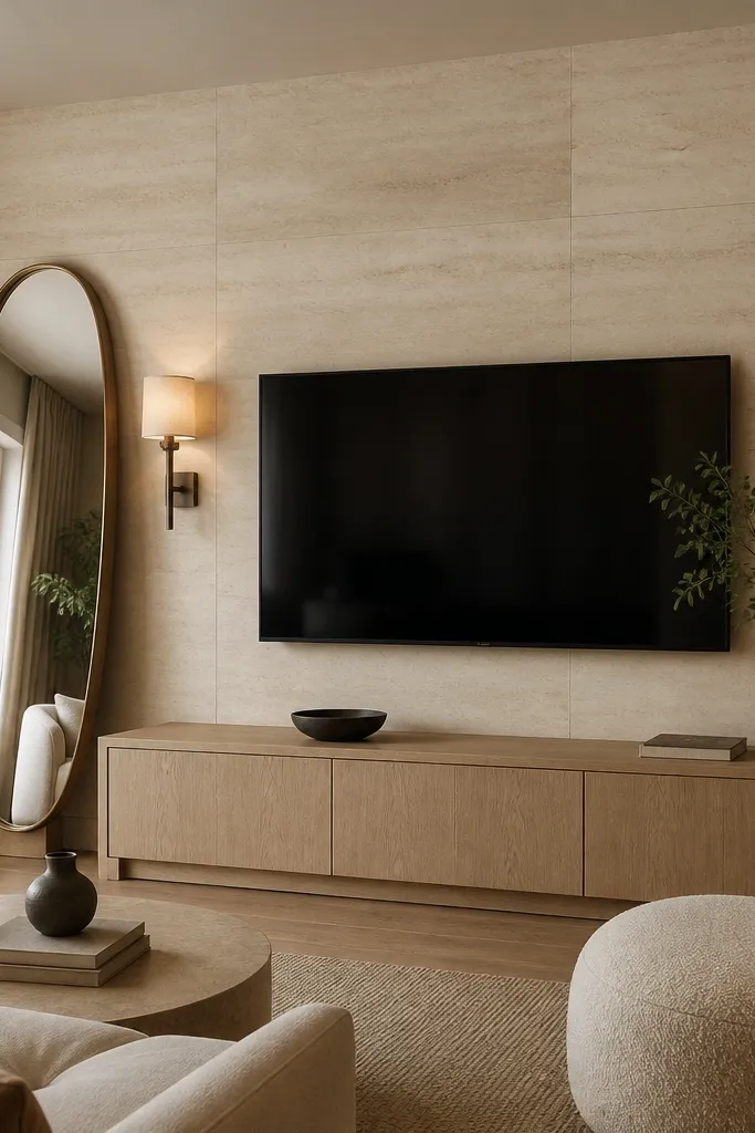 A TV mounted on a travertine-look panel wall with creamy beige stone texture. On the left side, a tall oval bronze mirror leans or is mounted slightly above the console height. The TV sits above a low console in warm white oak. Warm wall sconces with beige shades flank the mirror area.