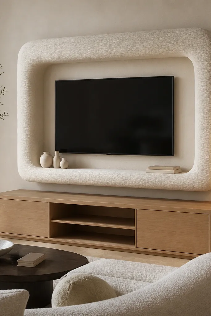 An upholstered wall niche in soft ivory boucle frames the TV. The niche has rounded corners and a deep padded border, with a small ledge below the TV. A light wood media console sits under the niche, and a warm floor lamp glows from the side.