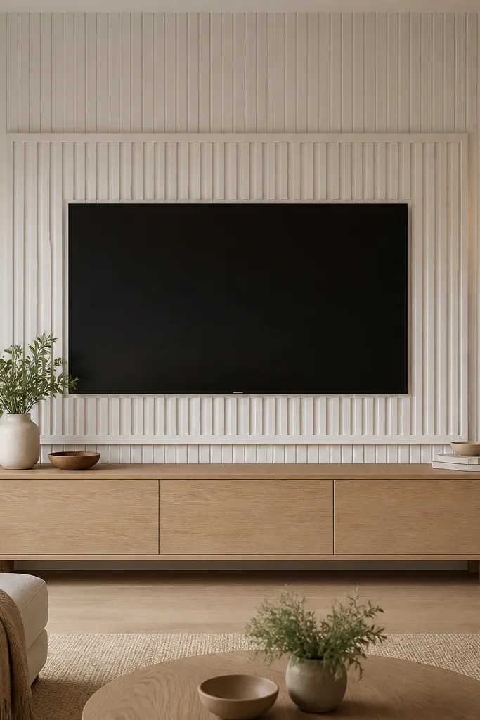 A TV wall with vertical fluted panels in warm white. The TV is centered inside a rectangular fluted surround. Under it, a warm white oak console with simple rounded legs. A single brass sconce on each side casts warm light.